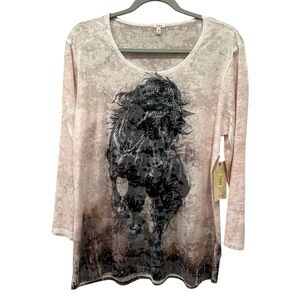 Rheba NWT Black Horse Print Semi Sheer  Blouse Top Western Rodeo Cowgirl Sz L